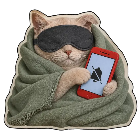 The Text Cat wearing a sleep mask, holding a muted red phone