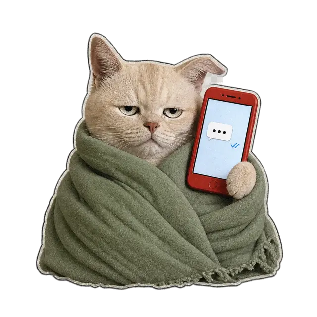 The Text Cat holding a red phone