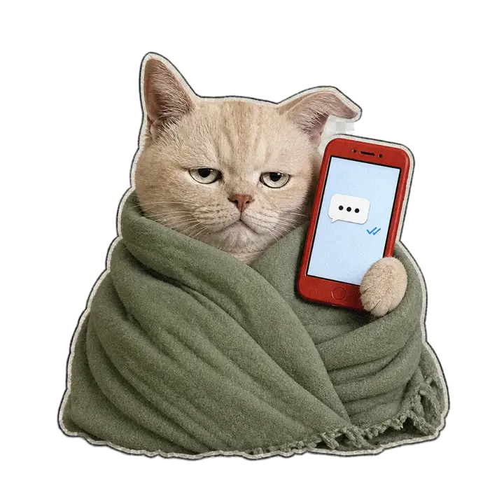 The Text Cat, wrapped in a green blanket, holding a red phone