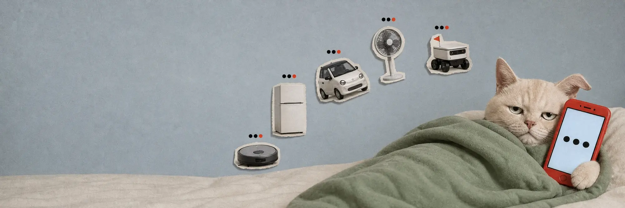 The Text Cat in bed holding a red phone while a vacuum, fridge, car, fan and delivery rover wait in a group chat